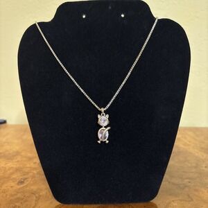 Avon Gold Tone Chain Cat & Pink Crystal Pendant Necklace Jewelry